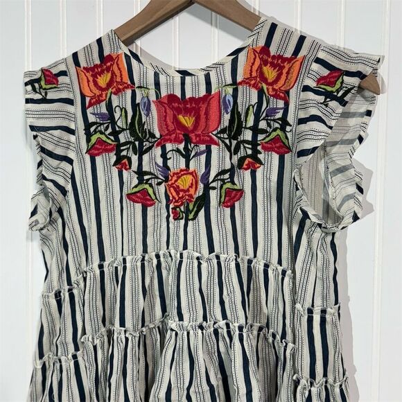 THML Embroidered Striped Peplum Top Medium Blue White Boho Festival Tassel - Picture 2 of 8